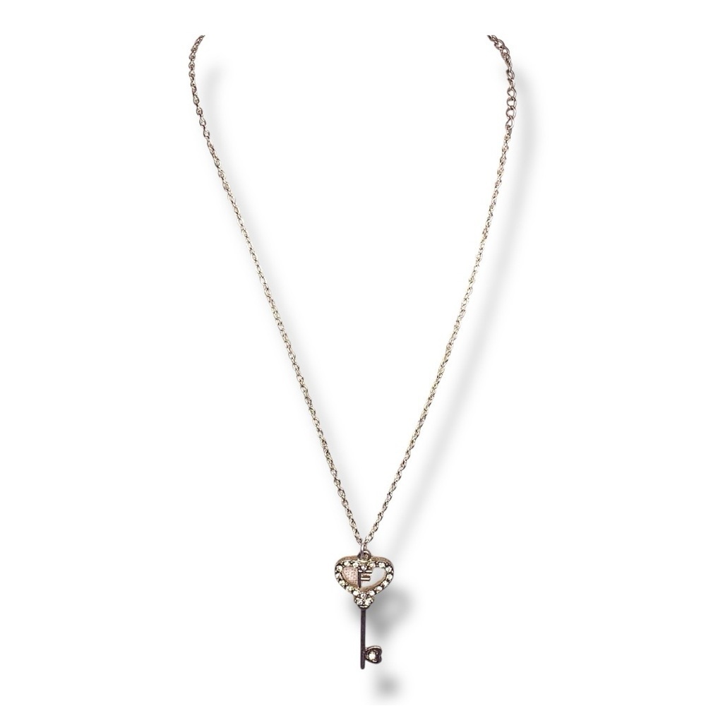 Y2K Era Claire’s “F” Silver Rhinestone Key Pendant Necklace Logo 19” Length